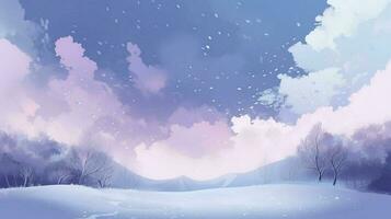 nevicata sfondo, bianca sfondo con fiocchi di neve, nel il stile di leggero viola e cielo blu, leggero beige e bianca, morbido, romantico paesaggi, generat ai foto