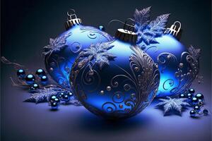 blu Natale palle con ornamento su un' buio sfondo. generativo ai illustrazione. foto