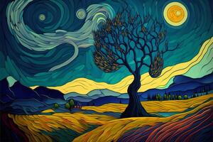 capriccioso paesaggio. un' sbalorditivo astratto generativo ai illustrazione ispirato di furgone gogh stile, con un' Riccio albero contro un' fondale di vivace fiore i campi e un' vorticoso cielo. foto