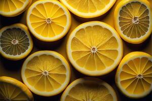 fresco Limone fette su arancia sfondo, superiore Visualizza. generativo ai illustrazione. foto