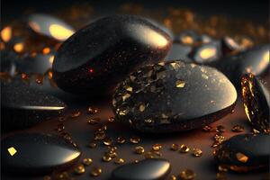 un' vicino su di nero ciottoli pietre con oro luccichio su loro. generativo ai illustrazione. foto