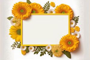 floreale telaio con giallo margherita e gerbera fiori su bianca sfondo. generativo ai illustrazione. foto