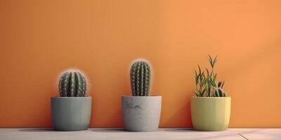 tre piccolo in vaso cactus impianti su calcestruzzo nel davanti di un' brillantemente colorato parete ai generato foto