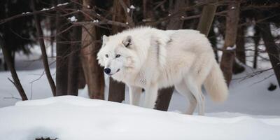 un' bianca lupo nel il neve ai generato foto
