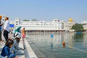 amritsar, India - febbraio 26 2023 - non identificato devoti a partire dal vario parti a d'oro tempio - armandir sahib nel amritsar, punjab, India, famoso indiano sikh punto di riferimento, d'oro tempio foto