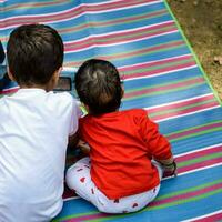 Due contento ragazzi nel società parco, contento asiatico fratelli chi siamo sorridente felicemente insieme. fratelli giocare all'aperto nel estate, migliore gli amici. bambino piccolo bambino ragazzo giocando con il suo contento fratello nel il giardino foto