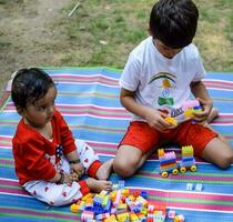 Due contento ragazzi nel società parco, contento asiatico fratelli chi siamo sorridente felicemente insieme. fratelli giocare all'aperto nel estate, migliore gli amici. bambino piccolo bambino ragazzo giocando con il suo contento fratello nel il giardino foto