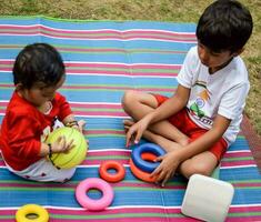 Due contento ragazzi nel società parco, contento asiatico fratelli chi siamo sorridente felicemente insieme. fratelli giocare all'aperto nel estate, migliore gli amici. bambino piccolo bambino ragazzo giocando con il suo contento fratello nel il giardino foto