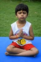 asiatico inteligente ragazzo fare yoga posa nel il società parco all'aperto, figli di yoga posa. il poco ragazzo fare yoga e meditazione esercizio. foto