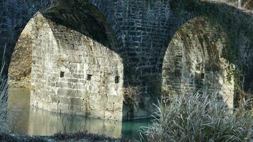 uno vecchio tradizionale Cinese villaggio Visualizza con il vecchio arcuato pietra ponte e vecchio di legno edifici nel il meridionale campagna di il Cina foto