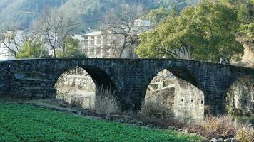 uno vecchio tradizionale Cinese villaggio Visualizza con il vecchio arcuato pietra ponte e vecchio di legno edifici nel il meridionale campagna di il Cina foto