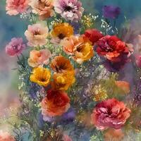 fiore mazzo quadri, fiore illustrazione, botanico acquerello illustrazione, colorato floreale disposizione, generativo ai foto