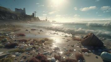 bellissimo soleggiato spiaggia rovinato di plastica strofinare, digitale arte illustrazione, generativo ai foto