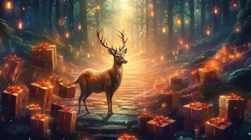 Magia Natale foresta con cervo. illustrazione ai generativo foto