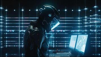 uomo indossare futuristico casco In piedi nel davanti computer, digitale arte illustrazione, generativo ai foto