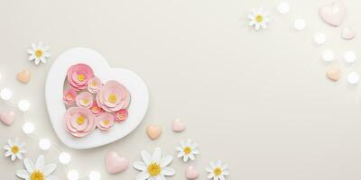 3d resa. design per La madre di giorno e San Valentino giorno illustrazione. cuore forma e rosa fiore su grigio sfondo. con copia spazio. foto