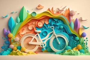 mondo bicicletta giorno colorato sfondo nel carta tagliare stile. eco amichevole bicicletta concetto. generativo ai foto