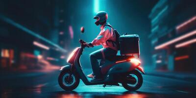 consegna uomo cavalcata scooter motociclo a notte con neon luci, movimento sfocatura paesaggio urbano sfondo. generativo ai foto