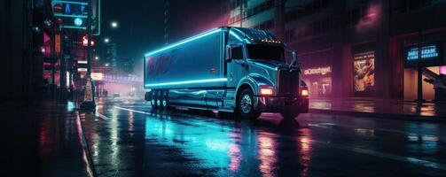 camion con carico guida su il strada a notte con neon luci e paesaggio urbano movimento sfocatura sfondo. generativo ai foto