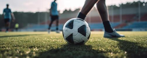 calcio o calcio giocatore giocando con il palla nel stadio. generativo ai foto