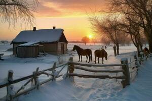 rurale inverno paesaggio villaggio. creare ai foto