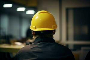 lavoratore con giallo casco cappello. creare ai foto