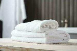 bianca pulito asciugamano bagno spazio. creare ai foto