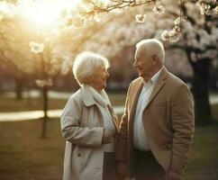 anziano coppia a piedi parco romanza. creare ai foto