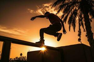 uomo parkour tramonto. creare ai foto