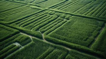 generativo ai, campo di verde erba con acqua cosparso, aereo Visualizza fuco fotografia. palude paesaggio. foto