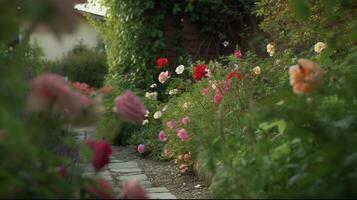 generativo ai, bellissimo estate privato giardino con molti fiori e impianti, natura paesaggio, inglese campagna Villetta stile foto