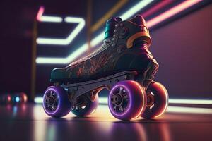 generativo ai, rullo pattinare nel cyberpunk stile, discoteca nostalgico anni 80, anni 90. neon notte luci vivace colori, fotorealistico orizzontale illustrazione di il futuristico città. sport attività concetto. foto