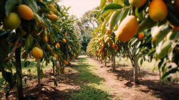 Mango giardino, frutta albero coltivazione con tropicale frutta generativo ai foto