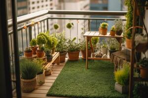 balcone giardinaggio prato e fiori nel vasi di fiori generativo ai foto