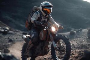 divertente astronauta su bicicletta su Luna pianeta generativo ai foto