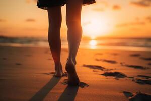 femmina gambe contro il fondale di un' soleggiato tramonto cielo, estate fine settimana generativo ai foto