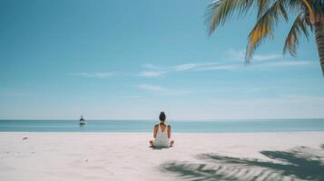 donna meditazione su spiaggia. illustrazione ai generativo foto