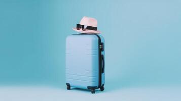 blu sfondo con valigia. illustrazione ai generativo foto