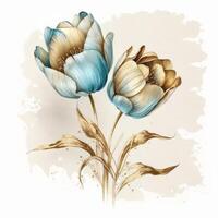 blu e d'oro acquerello tulipano fiori. illustrazione ai generativo foto