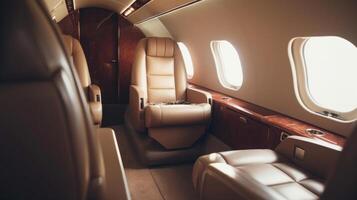 interno di lussuoso privato Jet con pelle posti a sedere illustrazione ai generativo foto