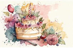 acquerello compleanno torta. illustrazione ai generativo foto