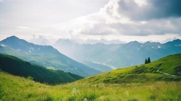 Alpi estate sfondo. illustrazione ai generativo foto