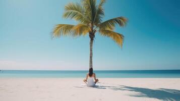 donna meditazione su spiaggia. illustrazione ai generativo foto