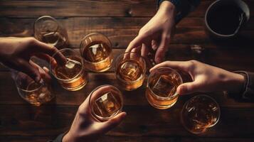 persone mani siamo coniato con bicchieri di whisky illustrazione ai generativo foto