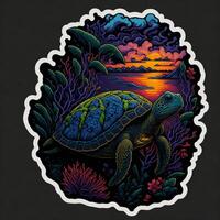etichetta, bellissimo tartaruga sotto il mare, tramonto tropicale estate ai generato foto
