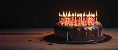 avvicinamento di un' compleanno torta con ardente candele su un' buio sfondo, isolato. ai generato. foto