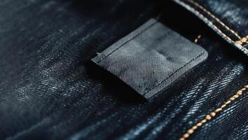 denim capi di abbigliamento tessuto avvicinamento con cartone prezzo etichetta modello. ai generato. foto