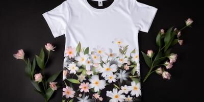 un' bianca donne t camicia modello con primavera fiori ai generato foto