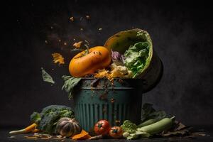 marcio verdure siamo gettato nel il spazzatura. cibo rifiuto e cibo perdita ottenere sbarazzarsi di cibo rifiuto a casa su un' buio sfondo. ai generativo foto