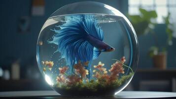 betta pesce nel il giro bicchiere acquario su tavolo. ai generativo foto